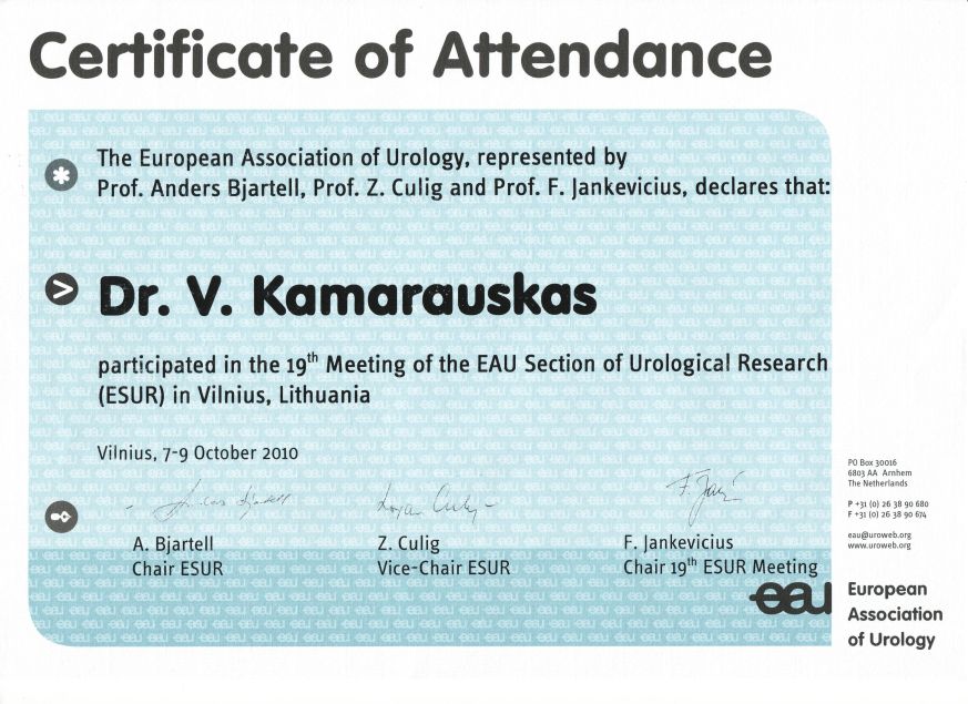 19th Meeting of the European Association of Urology Section of Urological Research in Vilnius, 7-9 October 2010