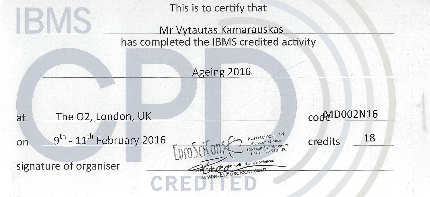 IBMS credited activity Aging 2016 in London, UK, 9th-11th February