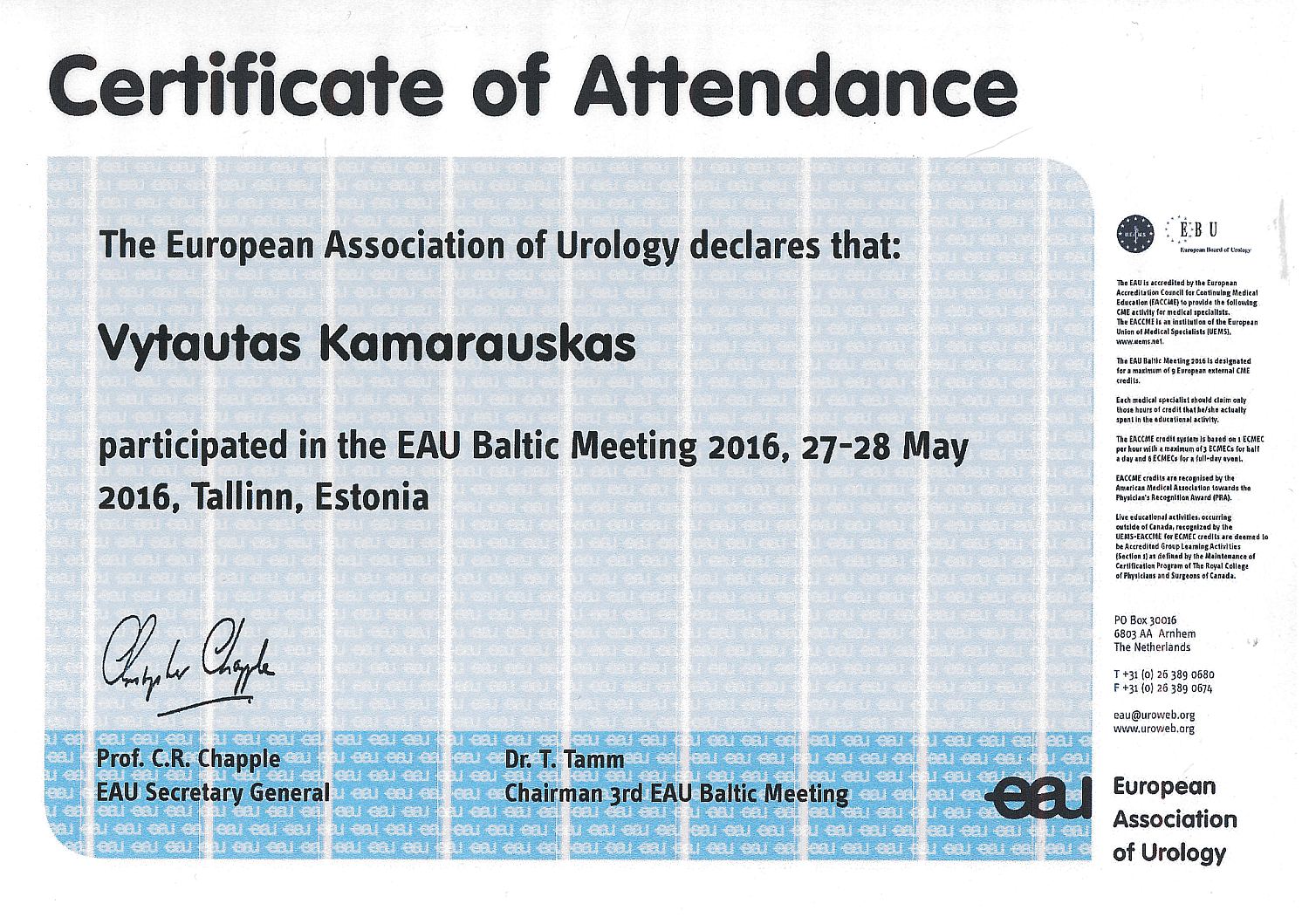 EAU Baltic Meeting 2016 in Tallinn, Estonia 27-28 May